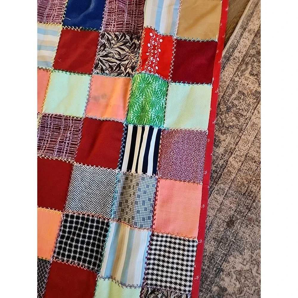 Vtg 60s 70s Patchwork squares Quilt Handmade Colorful Blanket 90